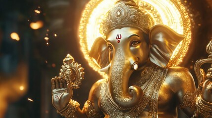 Obraz premium Golden idol of Lord Ganesha with a glowing halo, holding his divine symbols, representing wisdom and success