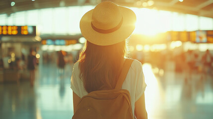 woman in an airport terminal gazes at flight departure boards, reflecting feelings of anticipation, travel decisions, and journey planning amidst a busy, modern travel setting