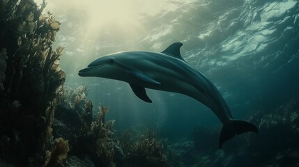 Obraz premium Majestic dolphin gliding gracefully through water in natural ocean habitat. AI generated
