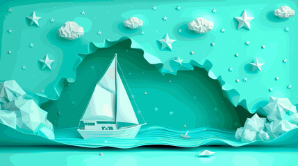 Naklejka premium A paper sailboat navigates through waves under stylized clouds and stars in a whimsical turquoise scene