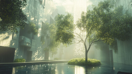 Obraz premium Futuristic City Oasis: Quantum Rain, Lush Greenery, Concrete Architecture