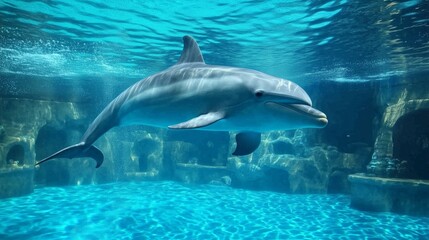 Fototapeta premium Majestic dolphin gliding gracefully through water in natural ocean habitat. AI generated