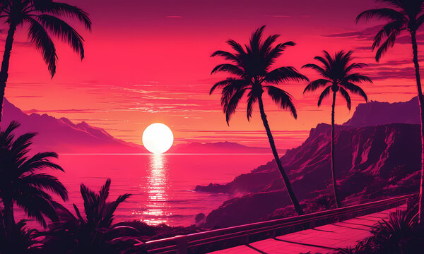 retrowave sunset background with lake and palm trees