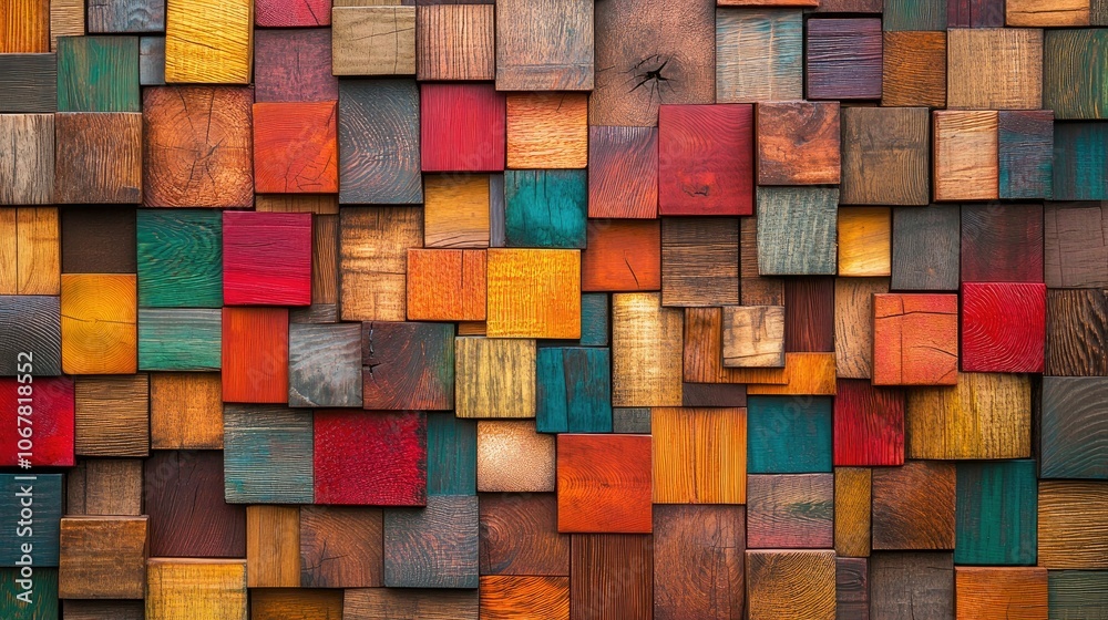 Poster multicolored wooden blocks forming a mosaic pattern, providing a textured and vibrant visual backgro