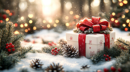 Christmas background featuring a white gift box and a blank caption space, ideal for adding your personalized holiday message or greeting