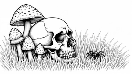 Intricate Adult Coloring Book Page Featuring a Skull with Mushrooms and a Charming Spider for a Relaxing Art Experience