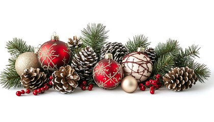 A white background featuring Christmas decorations, pinecones, and ornaments, with a large area for copy text, ideal for holiday cards.
