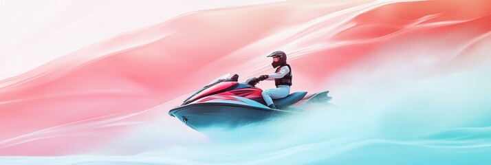 Artistic illustration of jetski in water. Flat vector. Summer tropical sports.