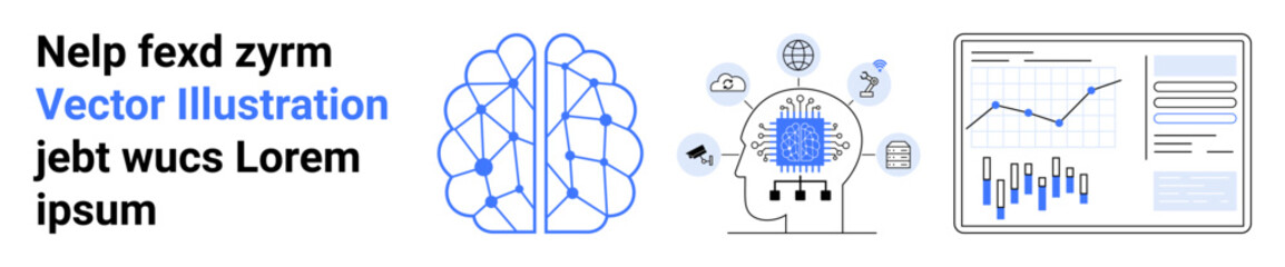 Neural network, human brain with microchip, and data analysis graphics. Ideal for AI, neural networks, machine learning, data science, cognitive computing, technology development, educational