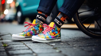 Lacing up colorful graphic sneakers, a person reveals bold patterns and lively socks, showcasing vibrant personality and street style.