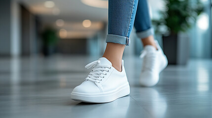 Naklejka premium young adult’s foot in focus, with blurred background showing a group of people in casual attire. The scene suggests movement and community, symbolizing unity and shared journeys