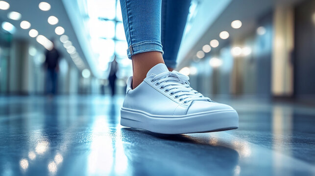 young adult’s foot in focus, with blurred background showing a group of people in casual attire. The scene suggests movement and community, symbolizing unity and shared journeys