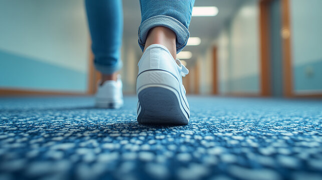 young adult’s foot in focus, with blurred background showing a group of people in casual attire. The scene suggests movement and community, symbolizing unity and shared journeys
