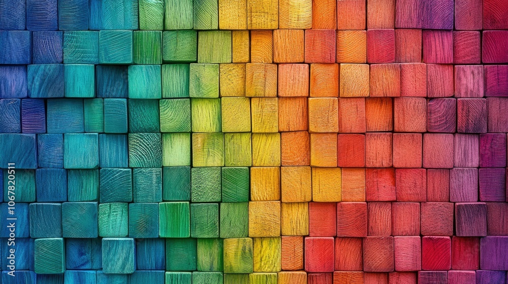 Poster Stack of rainbow-colored wooden blocks in neat rows, creating an eye-catching and cheerful background