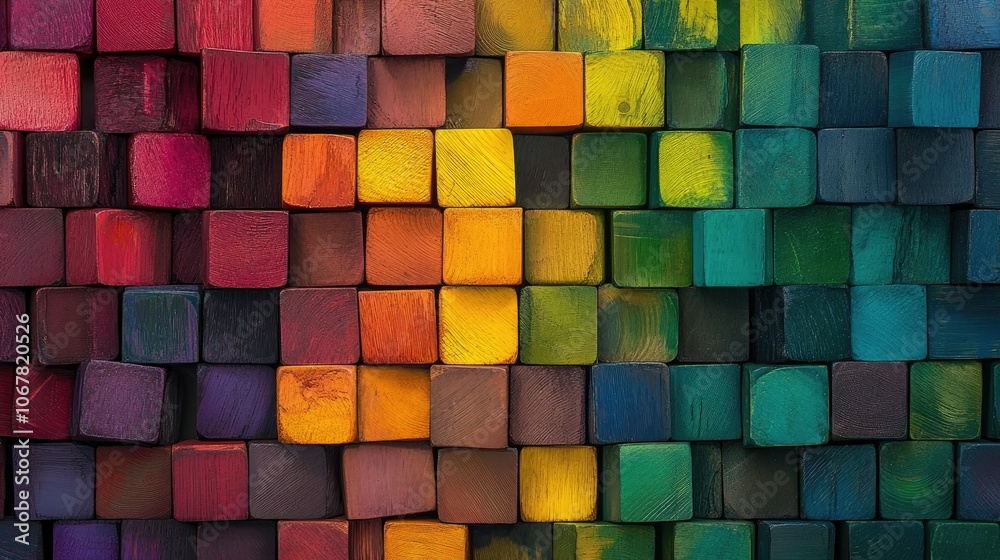Aufkleber Stack of rainbow-colored wooden blocks in neat rows, creating an eye-catching and cheerful background