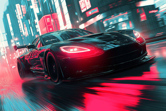 motion blur digital illustration of an exotic sports car, driving through cyberpunk neon-lit streets, sense of speed, epic