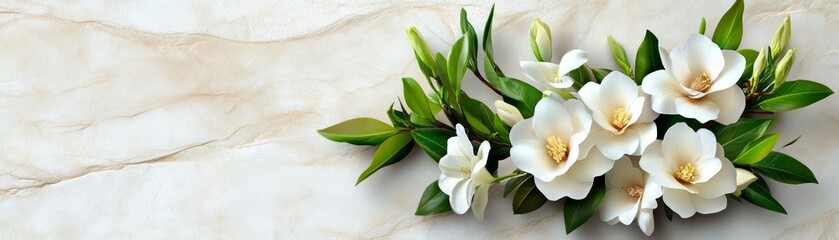 White Magnolia Flowers with Green Leaves on Marble Background