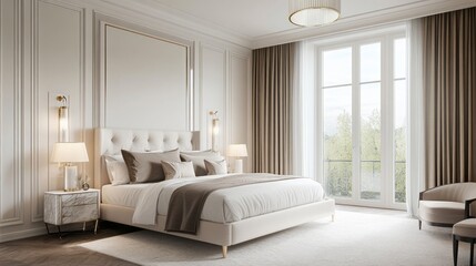Luxurious Bedroom with Large Windows and Elegant Decor