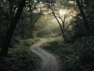 Fototapeta premium Explore a serene forest path at sunrise with rising mist and ample free space