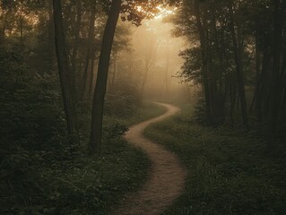 Fototapeta premium Explore a serene forest path at sunrise with rising mist and abundant free space