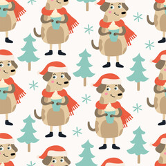 Festive seamless pattern with cute dog wearing Santa hat, hot drink and little Christmas trees. Perfect for holiday Xmas wrapping paper and textiles
