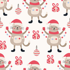 Seamless Christmas pattern with funny cat in Santa costume, with garland lights, gift box and ornaments. Perfect for holiday wrapping paper and textiles