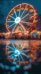 A brightly lit ferris wheel reflects in puddles at a winter christmas carnival