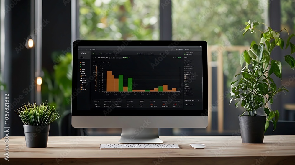 Wall mural a sleek computer displays colorful graphs amidst a modern workspace with green plants, creating a vi