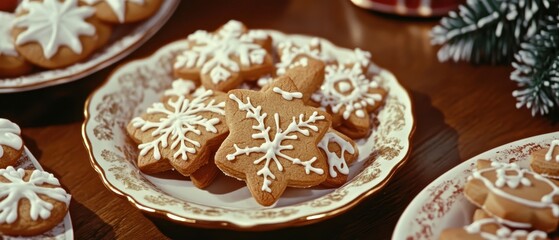 Fototapeta premium Delight in the closeup of frosted gingerbread cookies a winter holiday treat with abstract designs and free copy space