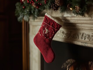 Captivating closeup of a red christmas stocking gracefully hanging on a cozy fireplace with abstract winter vibes and ample free copy space