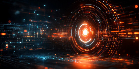 futuristic shield icon floats at the center of a digital, abstract backdrop, symbolizing cybersecurity, protection, and advanced technology with a high-tech, glowing design