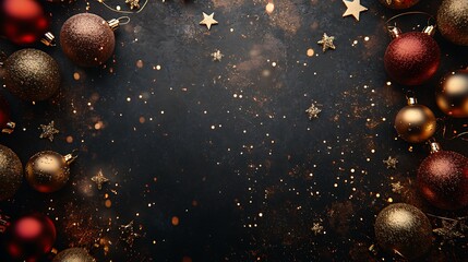Naklejka premium A top view a background featuring gold and red Christmas ornaments with sparkling stars in the corner, leaving room for text.