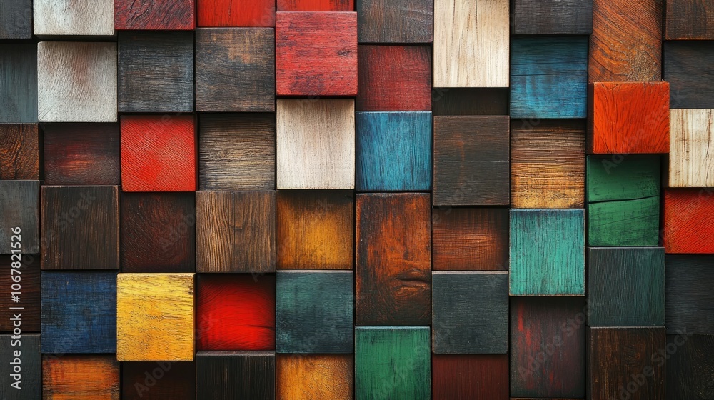 Poster Wooden blocks of various colors stacked in a symmetrical design, creating a balanced yet vibrant background