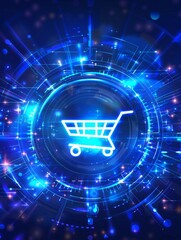 .Abstract blue digital background with shopping cart icon on circular glowing line in the center - ai