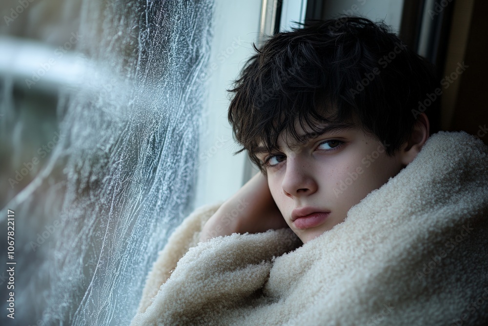 Poster a boy leans by a window covered in intricate ice patterns, resting comfortably wrapped in a soft bla
