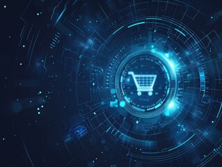 Obraz premium .Abstract blue digital background with shopping cart icon on circular glowing line in the center - ai