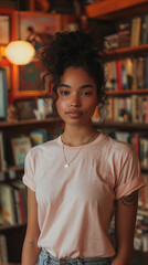 Fototapeta premium Woman in Light Pink Bella Canvas 3001 T-shirt at Cozy Bookstore