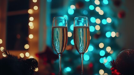 Celebrate the new year with sparkling champagne glasses clinking in winter ambiance