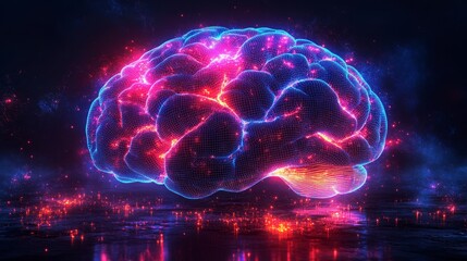 A glowing silhouette of a brain filled with holographic patterns in a dark cosmic background