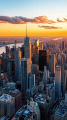 Capture the vibrant sunset over the city skyline with an expansive sky for text placement