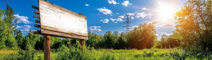 Blank Wooden Signpost in Green Forest with Summer Sky