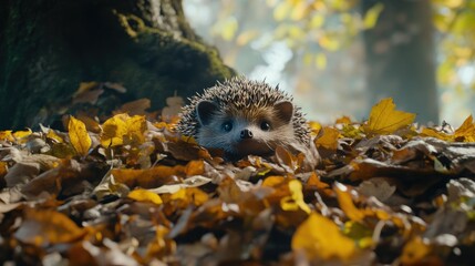 Fototapeta premium Adorable hedgehog peeking out from a pile of leaves, with a tiny nose and bright eyes, blending perfectly with the forest floor