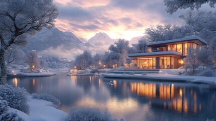 Fototapeta premium Modern house with a view of the mountains and lake in a snowy winter landscape.