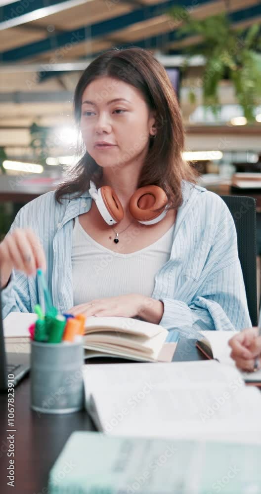 Poster woman, student and book with explanation for educational discussion, exam preparation and learning. 
