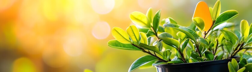 Obraz premium Green Plant Leaves With Golden Light Bokeh Background