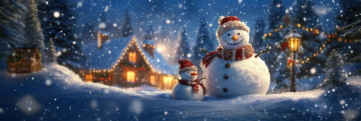 Cute snow man in snow field with cozy house. Winter holiday theme.