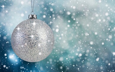 A single silver Christmas ornament hangs against a snowy blue background.