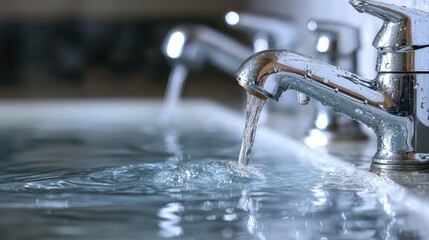 Close-up of Modern Stainless Steel Faucet with Flowing Water in a Kitchen or Bathroom Setting, Highlighting Cleanliness and Freshness