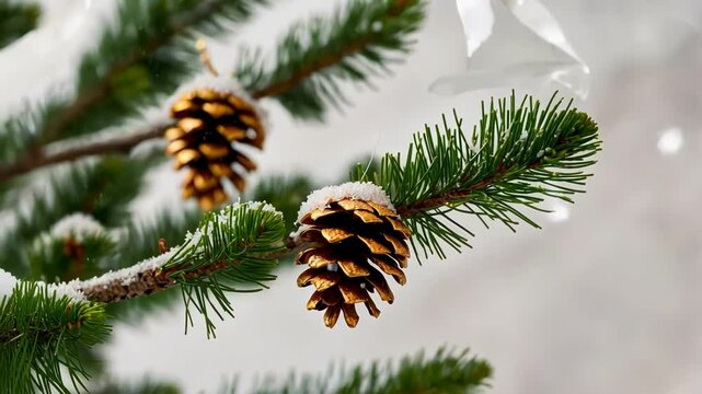 Close up of a snowy pinecone on a branch, evoking a festive winter atmosphere with serene, natural beauty