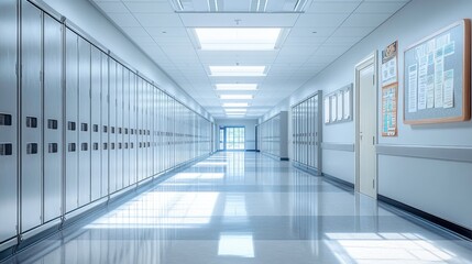 Naklejka premium Bright and Empty School Hallway with Lockers and Sunlight Streaming Through Windows in a Modern Educational Facility